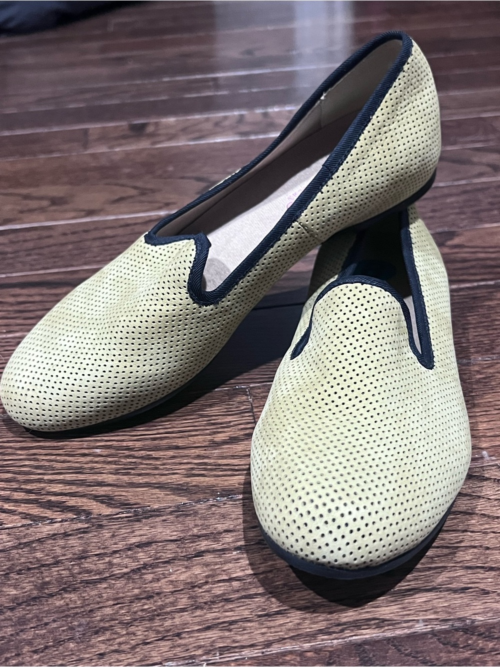 Munro Perforated leather olive green Slip-On Flats with Black Trim